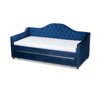 Baxton Studio CF8940-Navy Blue-Daybed-T/T Perry Modern and Contemporary Royal Blue Velvet Fabric Upholstered and Button Tufted Twin Size Daybed with Trundle